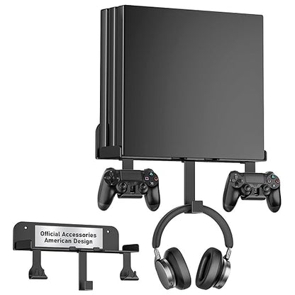 Wall Mount for PS4 Pro with Detachable 2 Controller Holder & Headphone Hanger Metal Wall Mount Stand Kit Mount on The Wall Or on The Back Of The TV, Compatible with PS4 Pro