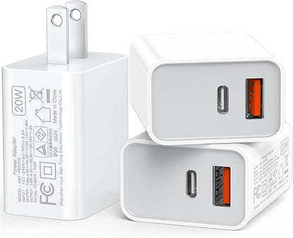 USB C Wall Charger Block 20W, 3-Pack Dual Port PD Power Delivery Fast Type C Charging Block Plug Adapter for iPhone 12/13/14/15/16/17/Pro Max, XS/XR/X, iPad Pro, AirPods Pro, Samsung Galaxy(White)