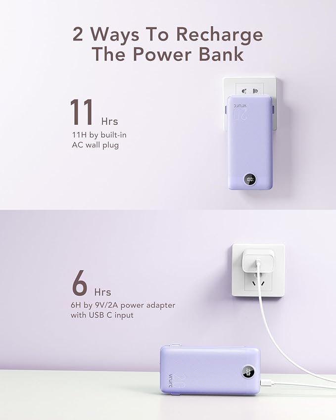 VRURC Portable Charger 20000mAh, Fast Charging Power Bank USB C,4 Output 2 Input Travel Essentials Charging Bank Equipped with LED Display,Built-in Wall Plug and Cables,Phone Charger Battery,Purple