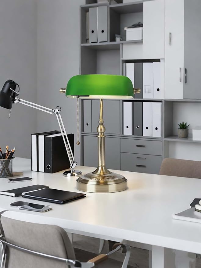 Newrays Glass Bankers Desk Lamp with Pull Chain Switch Plug in Fixture (Green-Simple, Simple Style)