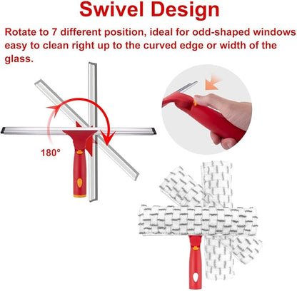 ITTAHO Squeegee for Window Cleaning, 12" Squeegee and 11" Microfiber Scrubber Combi with Stainless Steel Pole, Extendable Window Cleaner for Car, Sliding Door, Shower Glass Door-Swivel Style-2 Pads