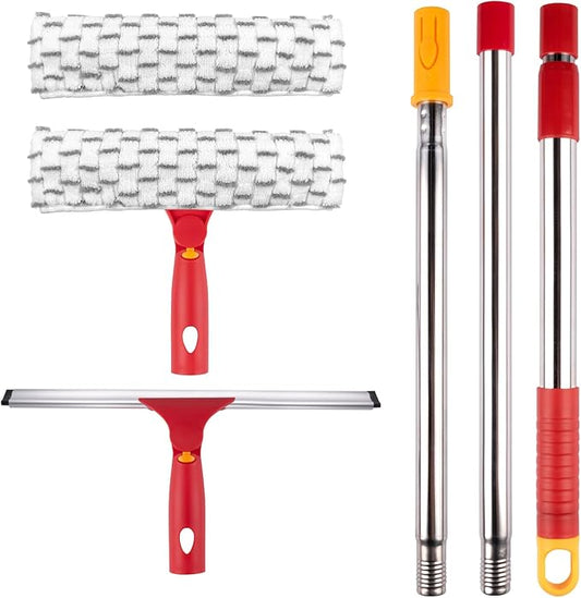 ITTAHO Squeegee for Window Cleaning, 12" Squeegee and 11" Microfiber Scrubber Combi with Stainless Steel Pole, Extendable Window Cleaner for Car, Sliding Door, Shower Glass Door-Swivel Style-2 Pads