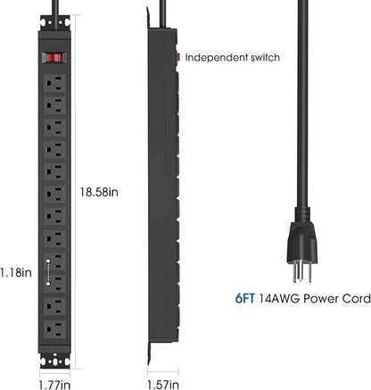 HHSOET Rotating Mountable Power Strip, 12 Outlet Wall Mount Surge Protector, Metal Heavy Duty and Versatile Outlet Strip, Stylish Appearance, Sturdy and Durable, 6ft Power Cord.(Black)