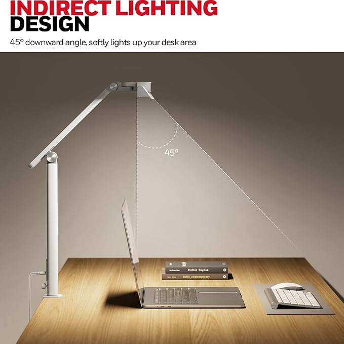 Honeywell LED Desk Lamp with Clamp - HJ1 Sunturalux Eye-Caring Clip on Lights for Home Office, 1200LM Clamp Lamp 4 Color Modes Stepless Dimming Task Desk Light for Working White