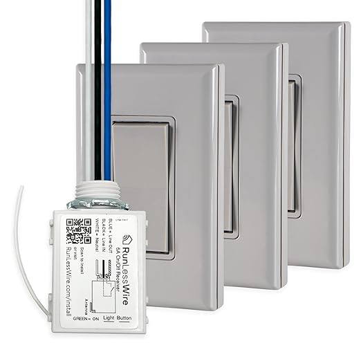 RunLessWire 4-Way Battery-Free DIY Wireless Light Switch Kit 150ft RF Range Self-Powered by Kinetic Energy for Hallways & Stairways: 3 Remote Switches Control 1 5A On/Off Receiver – Gray