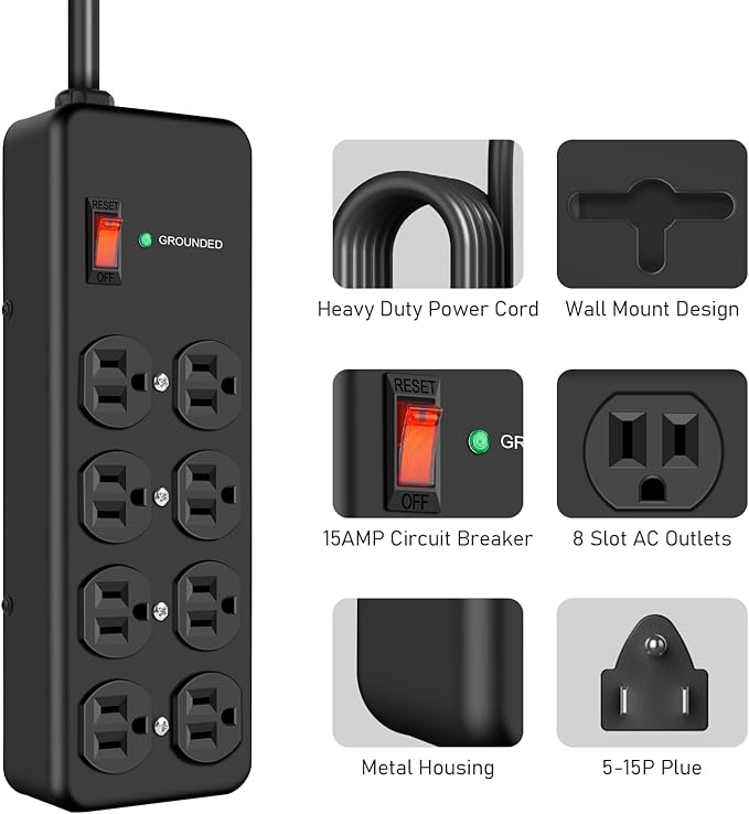 HEZI 8 Outlet Heavy Duty Power Strip, 15Amp Metal Mountable Surge Protector (2700J), Industrial Wall Mount Power Strip for Home, Office, Garage & Workshop, 6FT 14AWG Extension Cord