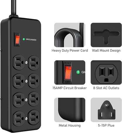 HEZI 8 Outlet Heavy Duty Power Strip, 15Amp Metal Mountable Surge Protector (2700J), Industrial Wall Mount Power Strip for Home, Office, Garage & Workshop, 6FT 14AWG Extension Cord