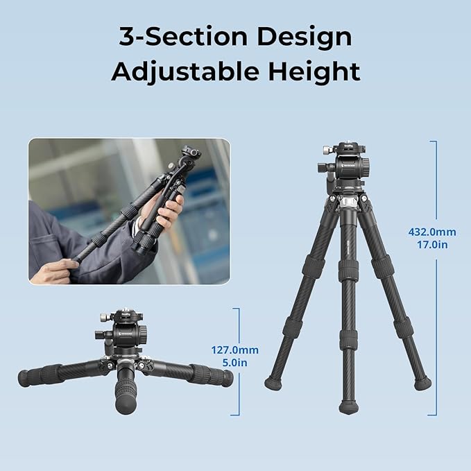 SmallRig Portable Carbon Fiber Tabletop Tripod Kit, 17'' Compact Mini Desktop Tripod with Video Head High Load-Bearing, Built-in QR Plate for Arca, Max Load 3kg / 6.6lb for Cameras, DSLR