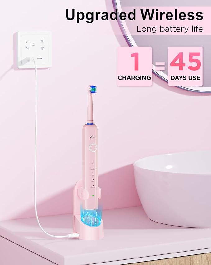 Rtauys Rotating Electric Toothbrush for Adults with 8 Brush Heads (2 Types), 5 Modes Rechargeable Power Toothbrush with Travel Case and 2 Minute Smrte Timer