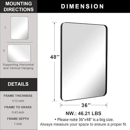 ANDY STAR 36”x48” Black Bathroom Mirror, Wall Mirror for Bathroom, Rounded Rectangle Mirror in Premium Stainless Steel Metal Frame Hangs Horizontal Or Vertical (Matte Black)
