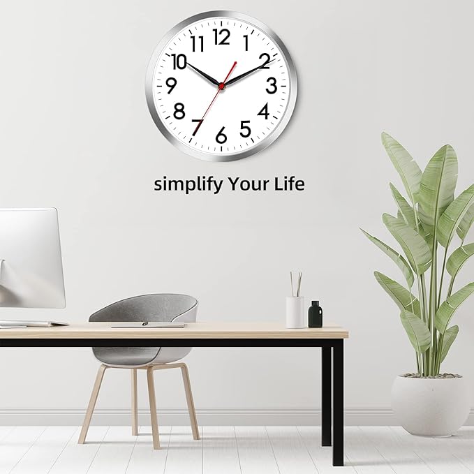 AKCISOT Wall Clock 12 Inch Silent Wall Clocks Battery Operated Non Ticking - Modern Silver Clock Decorative for Kitchen, Bathroom, Bedroom, Living Room, Office, Home