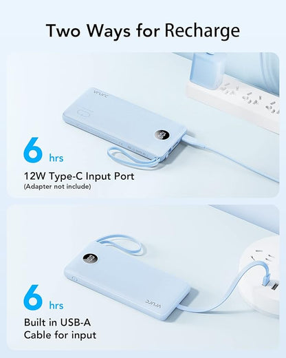 VRURC 10000mAh Power Bank Built-in Cables, Portable Charger with LED Display, Slim Travel Battery Pack with Cords, 5 Output Dual Input Phone Charger for Cell Phone Smart Devcies-Blue(1 Pack)