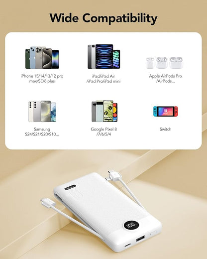 VRURC Portable Charger with Cables and Wall Plug | Power Bank with Cords | 10000mAh Portable Charger with AC Plug | External Battery Pack (Pure White)