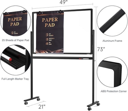 Mobile Clear Glass Whiteboard on Wheels - TANKEE 48" x 32" Dry Erase Board with Stand, Large Rolling White Board with 25 Sheets Paper Pad, Transparent Tempered Glass Board for Office Home School