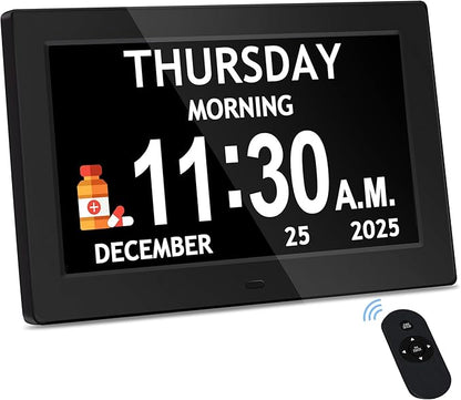 10.1'' Extra Large Digital Clock, 1280*800p HD Display, Dementia Clock For Seniors, Digital Clock With Date, Time, Day Of Week, 10 Reminders & 6 Alarms, Auto Dimming & DST, Remote Control, Black