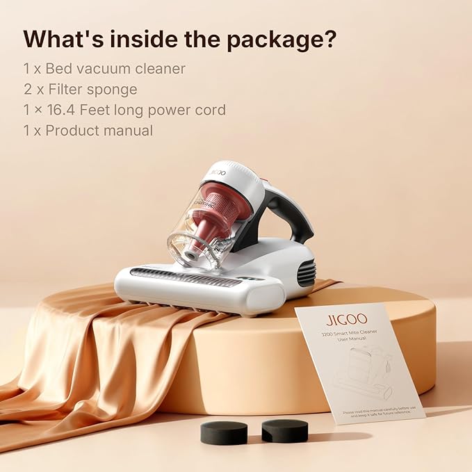 JIGOO J200 Improve Sleep Mattress Vacuum Cleaner Uv Sanitizing, Deep Cleaning Bed Vacuum Non-Destructive Fabrics, 99.9% Effective Filtration for Allergy Sufferers