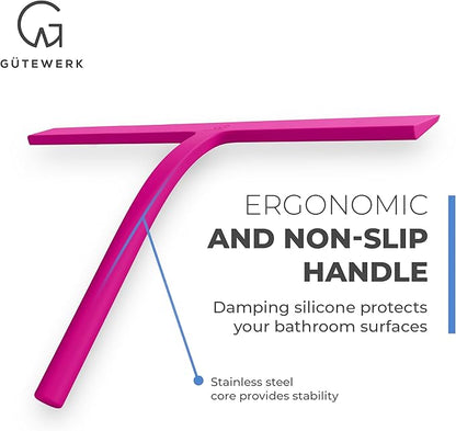 GÜTEWERK Shower Squeegee for Glass Doors, Silicone Window Squeegee, Bathroom and Glass Cleaning - Pink - 11 Inch