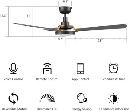 SMAAIR 56 Inch Smart Wifi Ceiling Fans with Dimmable LED Lights and Remote, Compatible with Alexa/Google Home/Siri/APP, Outdoor DC Fans with 10 Speeds, Timer/Schedule,Black/Gold