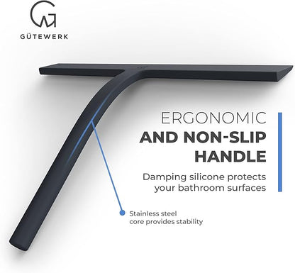 GÜTEWERK Shower Squeegee for Glass Doors, Silicone Window Squeegee, Bathroom and Glass Cleaning - Black - 11 Inch