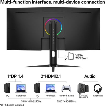 KOORUI 34 Inch 240Hz Ultrawide Curved Gaming Monitor 3440x1440P, 21:9 Display, 1500R Curvature. 1MS, PIP/PBP, Support Adaptive Sync, DP, HDMI, PS5,Vesa
