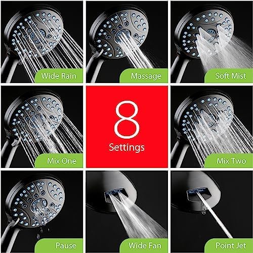 Hotel Spa AquaCare for California As-Seen-On-TV High Pressure Handheld Rain 50-mode 3-way Shower Head Combo with Adjustable Arm, Anti-clog Jets, Tub & Pet Power Wash, 6 ft. Hose, Matte Black