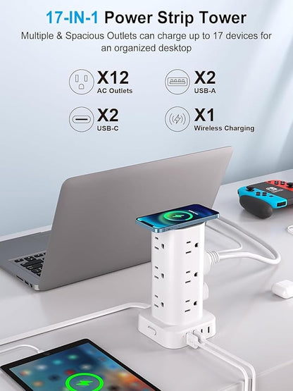 Power Strip Tower with Wireless Charger, Flat Plug Surge Protector Tower with 15FT Extension Cord, 12 AC Multiple Outlets, 4 USB (2 USB C),15W Wireless Charging Power Tower for Home Office Dorm,White