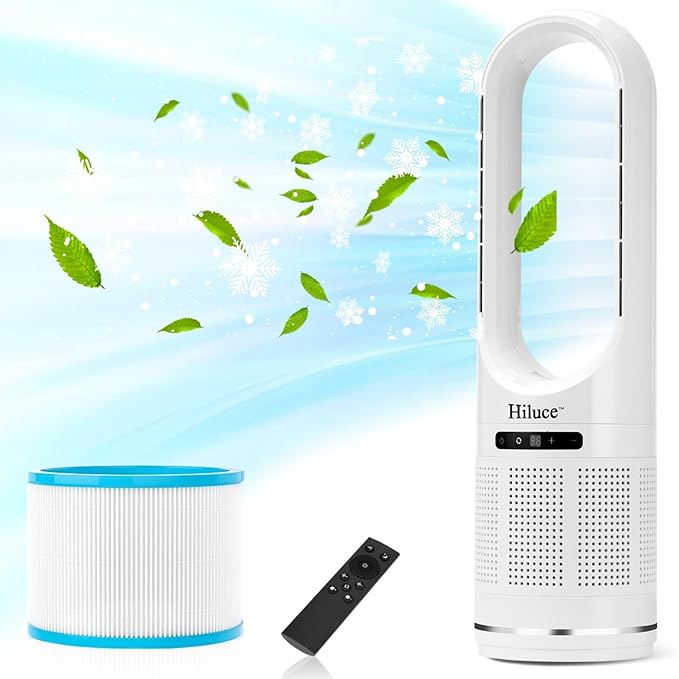 Hiluce Tower Fan,Bladeless Fan for Bedroom,2-in-1 Oscillating Fan 20dB Quiet Cooling Standing Fan with Remote,Touch, LED Display 8 Speeds 9H Timer 32 inch White
