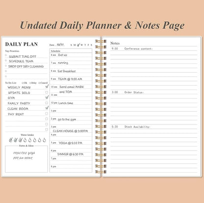 Daily Planner Undated - A5 To Do List Notebook Hourly Schedules, Spiral Appointment Planner for Women and Men, PVC Hardcover, Inner Pocket, Elastic Closure, 5.8" x 8.3", Rose Leaf