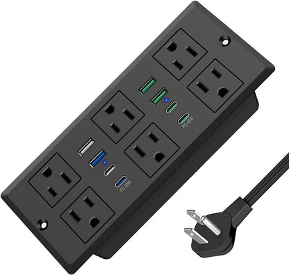 45W Recessed Power Strip, Flush Mounted Surge Protector(1200J) with 6 AC Outlets & 8 USB Ports(4 USB-C), 45°Flat Plug, 6FT Flat Power Cord(Black)