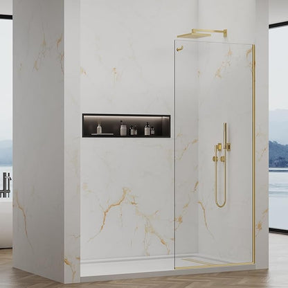 Shower Screen,32"W * 76"H Single Shower Glass Panel, 3/8"(10mm) Tempered Glass, Shower Wall Panels, Fix Shower Glass Screen for Bathroom - Brushed Gold