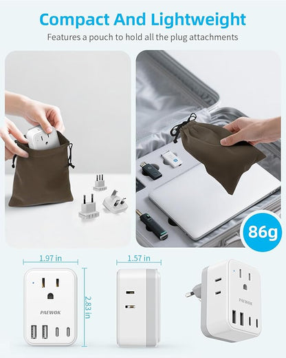 European Travel Plug Adapter USB C, US to EU/UK Plug Adapter- 4AC Outlets 4 USB Charger, International Power Adaptor kit Include Type G/C/L for American to England Italy France Germany Greece