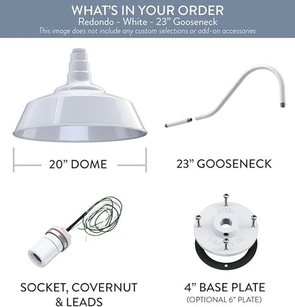 Steel Lighting Co. Large Outdoor Barn Light | Gooseneck Light Fixture | Made in America from 18-Gauge Steel | 20" Dome | 23" Gooseneck White Exterior/White Interior
