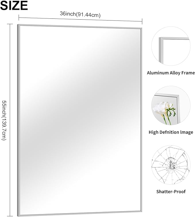 36x55 inch Bathroom Mirror, Silver Rectangle Mirror with Thin Metal Frame, Large Rectangular Wall Mirrors for Bathroom, Living Room, Big Mirror Hang Horizontal/Vertical