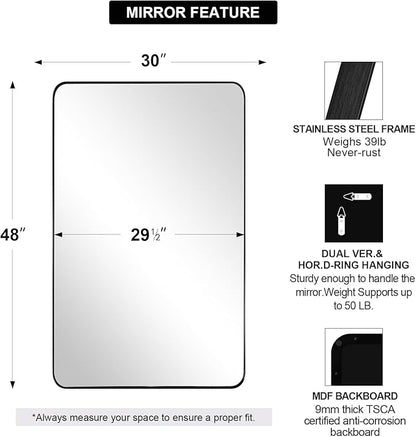 ANDY STAR 30”x48” Black Bathroom Mirror, Wall Mirror for Bathroom, Rounded Rectangle Mirror in Premium Stainless Steel Metal Frame Hangs Horizontal Or Vertical (Matte Black)