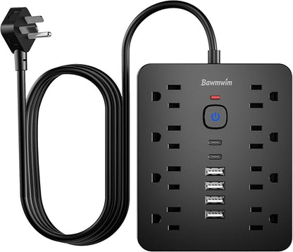 Bawmwim Surge Protector Power Strip, 8 Outlets(1250W/10A), 6 USB Charging Ports(2 USB C), 6FT Flat Plug Extension Cord Outlet Extender with Overload Protection, ETL Certified for Office, Dorm Room