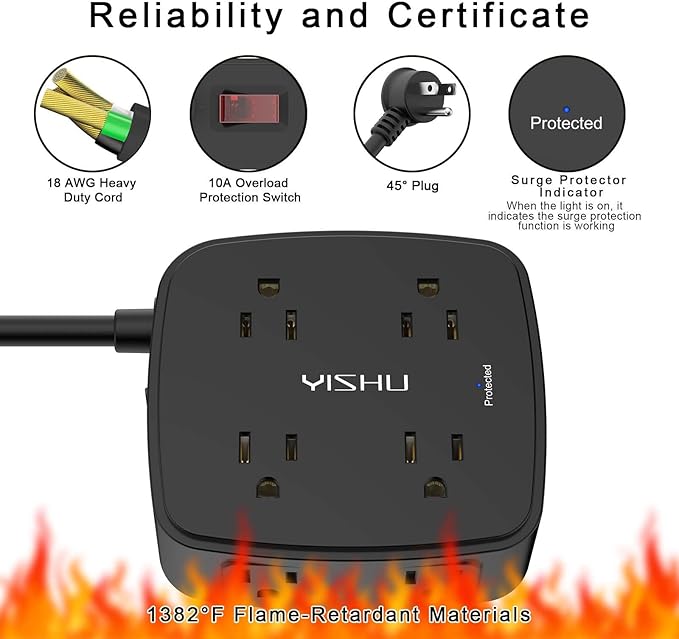 10 Ft Surge Protector Power Strip - 8 Widely Outlets with 4 USB Ports, 3 Side Outlet Extender with 10 Feet Extension Cord, Flat Plug, Wall Mount, Desk USB Charging Station, ETL, Black