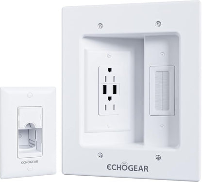 ECHOGEAR TV Cord Hider for Wall Mounted TV with 2X AC Outlets & 2X USB-A Ports - Hide Power Cables & Low Voltage Wires Behind The Wall - Includes Template, Saw, & Low Profile Extension Cord - White