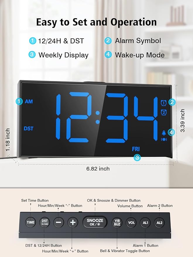 PPLEE Loud Alarm Clock with Bed Shaker,Vibrating Alarm Clock for Heavy Sleepers Hearing-impaired Deaf,2 Alarms 3-level Vibration for Weekday/Everyday Mode,5 Dimmer,5 Volume,Big Number,Power-off Memory