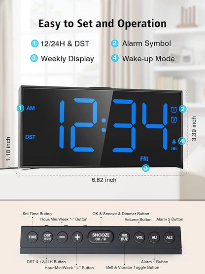 PPLEE Loud Alarm Clock with Bed Shaker,Vibrating Alarm Clock for Heavy Sleepers Hearing-impaired Deaf,2 Alarms 3-level Vibration for Weekday/Everyday Mode,5 Dimmer,5 Volume,Big Number,Power-off Memory