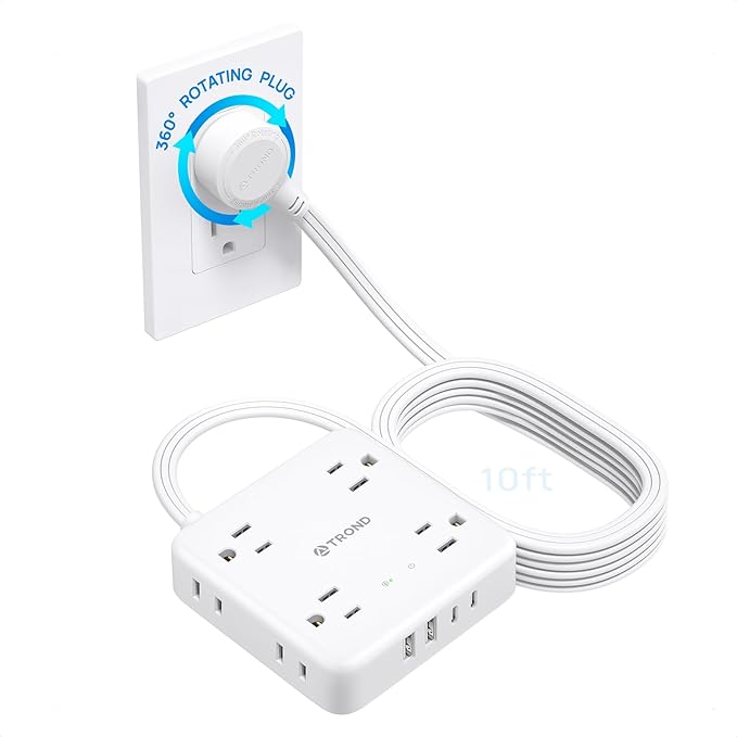 TROND 360° Rotating Flat Plug Power Strip, 10FT Flat Extension Cord with Multiple Outlets 4 USB (2 USB C), Wall Mount Surge Protector 1440 Joules for Home Office Travel Dorm Room Essentials, White