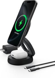Belkin MagSafe Charger Compatible, 2-in-1 Qi2 Wireless Charging Station 15W, Convertible Charger for iPhone 17, Apple Watch, AirPods, Pixel 10, Portable Phone Stand for Travel w/ 30W Adapter - Black