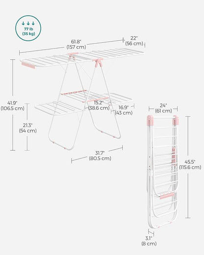 SONGMICS Clothes Drying Rack, Foldable 2-Level Laundry Drying Rack, Free-Standing Laundry Airer, with Height-Adjustable Wings, 33 Drying Rails, Sock Clips, White and Pink ULLR053P01V1