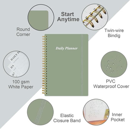 Daily Planner Undated - A5 To Do List Notebook Hourly Schedules, Spiral Appointment Planner for Women and Men, PVC Hardcover, Inner Pocket, Elastic Closure, 5.8" x 8.3", Green