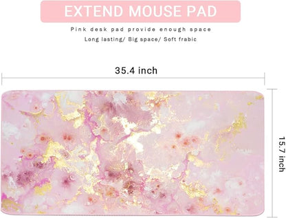 Extended Gaming Mouse Pad(35.4x15.7 in), Large Desk Pad Laptop Computer Keyboard Mat Waterproof Desk Decor Writing Pad for Work, Game, Office, Home - Pink Gold Marble