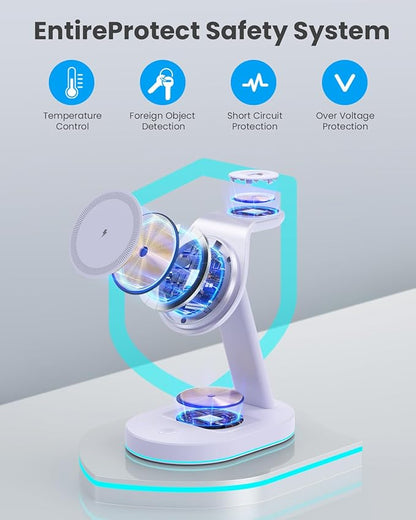 3 in 1 Wireless Charger Charging Station for iPhone,Qi2 Certified 15W Magnetic Charging Stand for Mag-Safe with 30W USB C Adapter&Friendly Night Light for iPhone 16/15/14/13/12,Apple Watch,AirPods