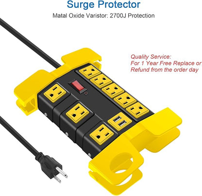 Heavy Duty Power Strip with USB, Workshop 8 Outlet Surge Protector 2700 Joules, Industrial Metal 15Amp Power Strip, 6 FT Extension Cord and Wide Spaced Black.