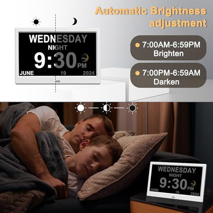 CAZOKASI Extra Large Impaired Vision Digital Alarm Clock with Day and Time for Elderly Calendar Clock Auto Dimmable Clock (10.1 Inch White)