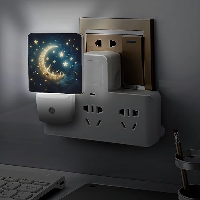 Moon and Starry Sky Night Light, Plug into Wall Decor Nightlights for Bedroom, Bathroom, Hallway, Kitchen, with Dusk to Dawn Light Auto Sensors LED Night Lights for Boys Girls Women Men Room Gifts