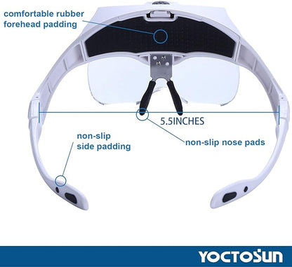 YOCTOSUN Magnifying Glasses with Light, Head Mount Magnifier with 5 Lenses, Headband, Storage Case, Hands Free LED Lighted Head Magnifying Visor for Close Work Hobby Crafts