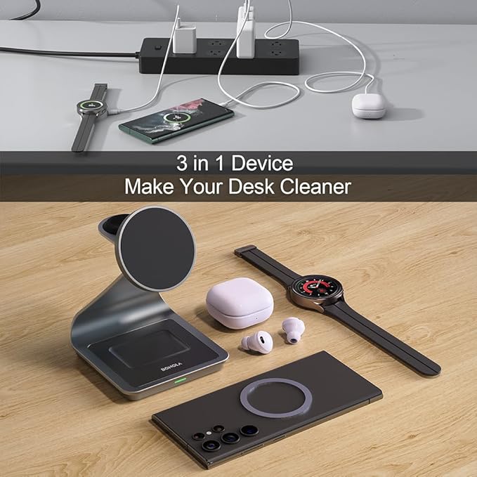 Bonola Wireless Charger for Samsung: Magnetic 3 in 1 Wireless Charging Station for Samsung S25 S24 Ultra S23 S22 S21, Aluminum Alloy Charger Dock Stand for Galaxy Watch Ultra/7/6/5/4, Buds 2/2 Pro
